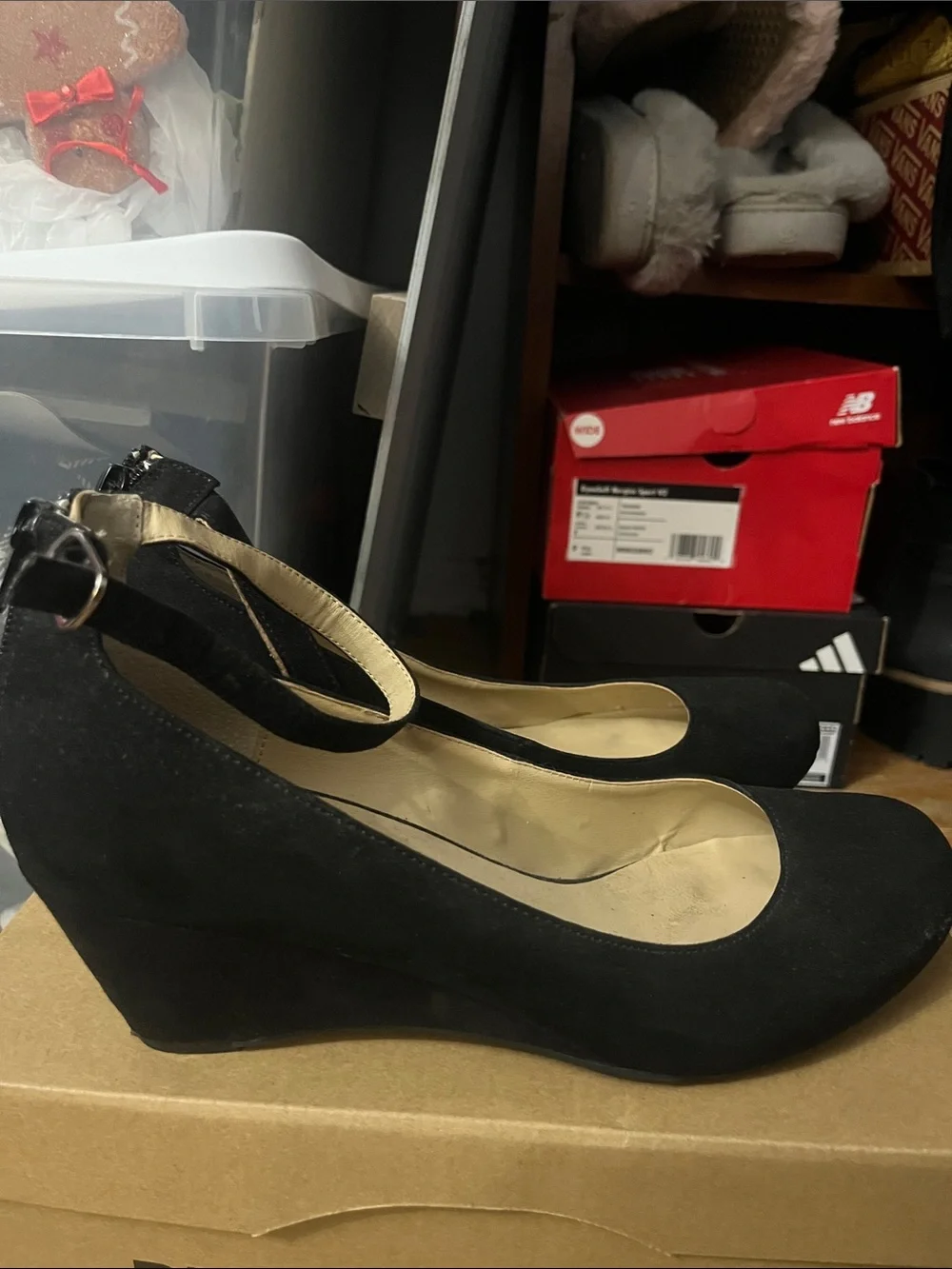 Arizona Jean Company Black Suede Wedge Heels with Ankle Strap